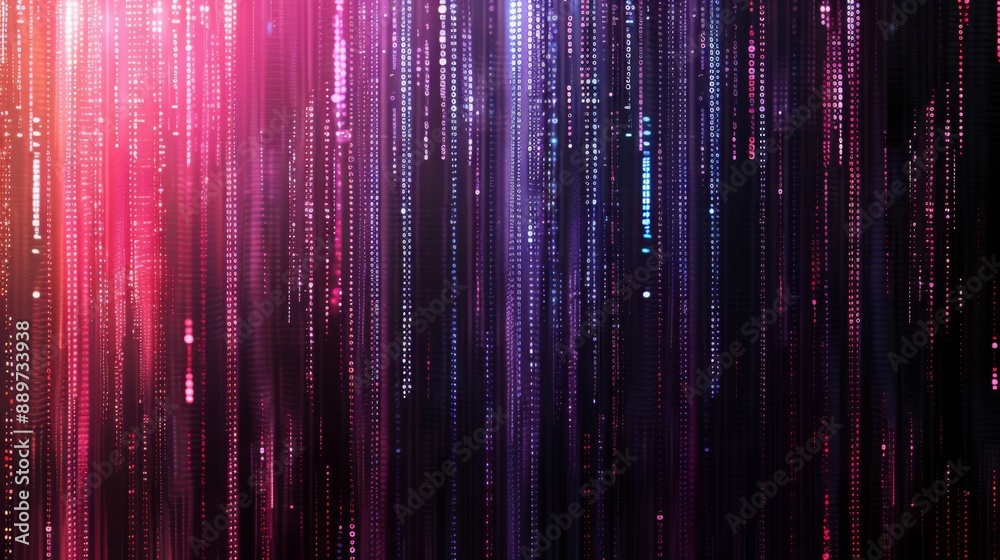 Poster glittering, colorful lines of data cascade down a dark background.