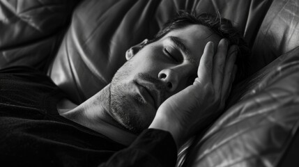 Fototapeta premium A person relaxing on a sofa with their eyes shut, possibly sleeping or resting
