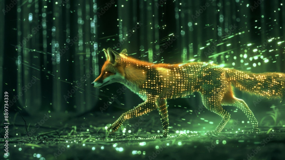 Poster a red fox with a digital, glowing pattern walks through a green forest with a magical glow.
