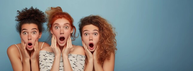 Three surprised women standing together, colorful background with copy space.