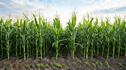 Rows of mature cornstalks stand tall in a field, their green leaves rustling in the breeze.
