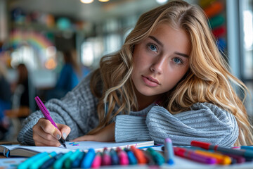 A schoolgirl writing in her journal with colorful pens