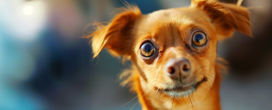 Close-up of a playful, furry dog with vibrant ears against blurred background.