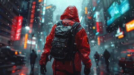 Fototapeta premium A man in a red jacket with a backpack walks on city street