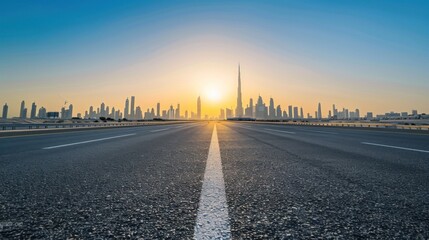 Sunrise Over Dubai Skyline with Empty Road