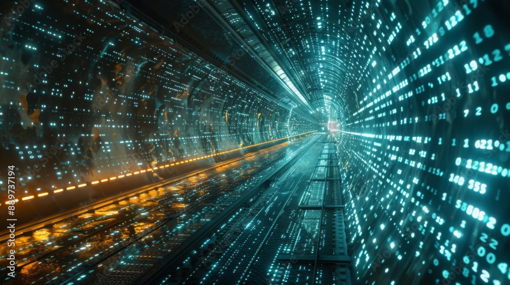 Poster a long, futuristic tunnel lined with glowing blue lights and digital code.