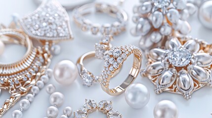 Obraz premium Elegant jewelry pieces like rings, necklaces, and earrings on a beautiful white background. 32k, full ultra HD, high resolution