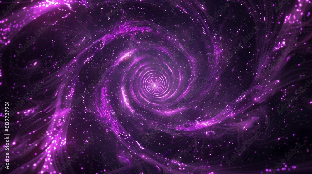Poster A digital rendering of a purple spiral galaxy with glowing particles and a vortex at the center.