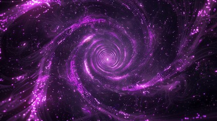 A digital rendering of a purple spiral galaxy with glowing particles and a vortex at the center.