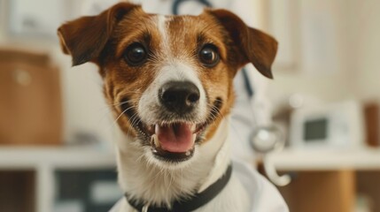 Happy dog wearing a doctor's uniform, looking directly at the camera.