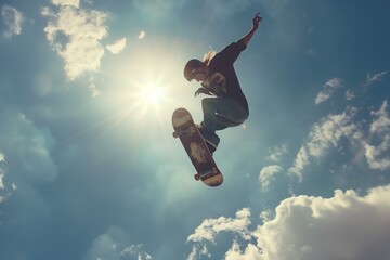 A skateboarder does a trick with the sun in the background, low angle - 19.3MP - created by AI
