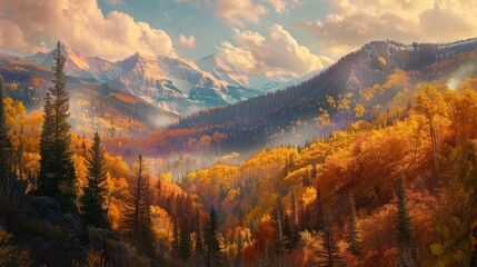 Obraz premium Autumn's hues paint the mountains, a canvas of vibrant colors. Nature's symphony unfolds, as leaves dance with the crisp breeze. 