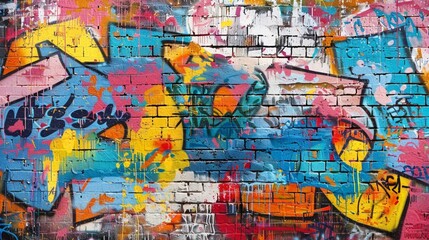 A brick wall adorned with urban graffiti art showcases vibrant street creativity and expression