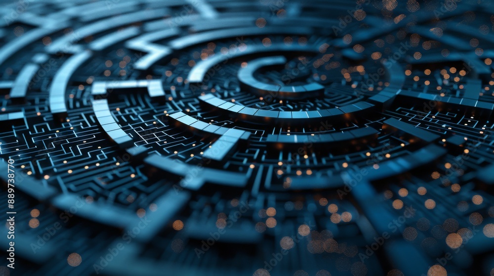 Poster A close-up view of a blue, circular maze, rendered in 3D with glowing lights at the intersections.