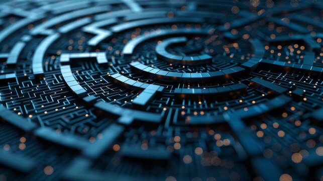 A close-up view of a blue, circular maze, rendered in 3D with glowing lights at the intersections.