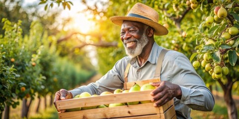 An old black man picking ripe pears in a sunny orchard