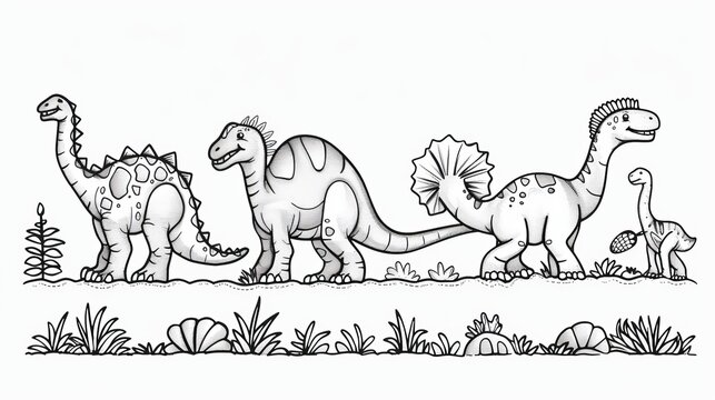 Coloring book page featuring an outline of dinosaurs in a line for easy coloring. 