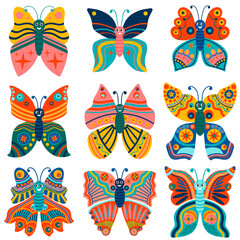 Cute set of bright funny ornamental  butterflies isolated on white background.