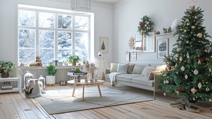 Fototapeta premium Empty, festively decorated living room interior with a Scandinavian design. 3D rendering. 