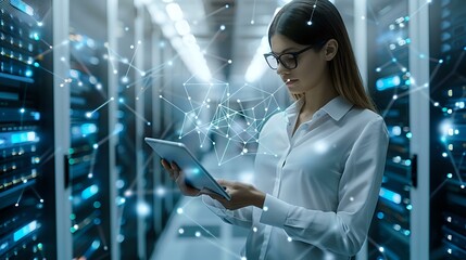 Woman working on a tablet in a data center, surrounded by server racks with digital network connections overlay. Ideal for technology, data management, or cybersecurity content