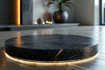Fototapeta premium A luxurious black marble platform with subtle golden veins, softly illuminated from beneath, creating an elegant and serene atmosphere in a modern interior. Ideal for showcasing products, design