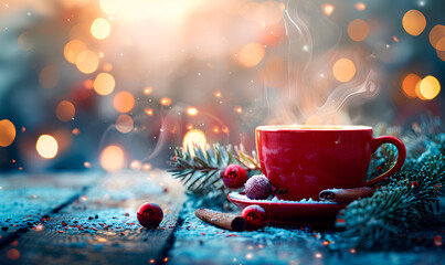 A mug of steaming beverage sits on a snowy wooden table with pine branches and ornaments