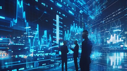 Business Professionals Analyzing Data on a Digital Wall