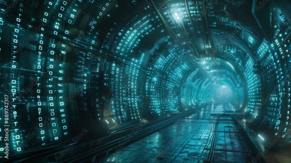 Poster A futuristic tunnel lined with glowing digital code, creating a mesmerizing and otherworldly atmosphere.