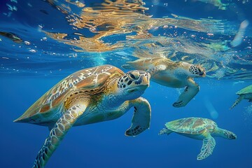 Obraz premium Three turtles swimming in the ocean. The water is blue and clear