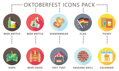Oktoberfest rounded multi color icons pack, includes traditional Bavarian elements like beer barrels, bratwurst, accordions, beer tents, Pretzels, lederhosen, dirndls and more. vector EPS 10.