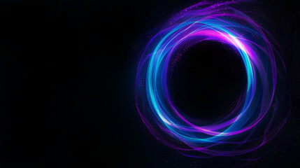 Airy digital neon blue and purple tech circle on dark background, copy space. Science, futuristic digital technologies concept. 