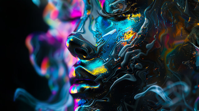 Iridescent molten greenish blue human face on black background. Concept of futuristic, alien, ephemeral, ethereal, ai generated.