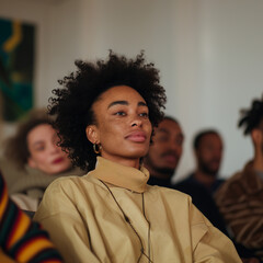 Young woman listening intently during a group therapy session, showing the importance of active listening and support