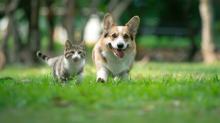 Corgi and Cat Playing in a Lush Green Park