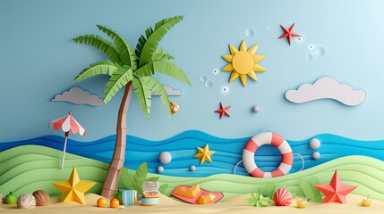 Summer scene featuring a coconut palm tree with summerthemed elements rendered in paper art style