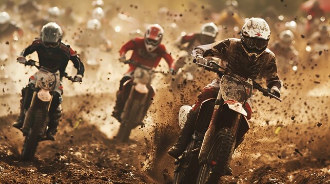 Exciting dirt bike race on a challenging sandy track with riders in action - Powered by Adobe