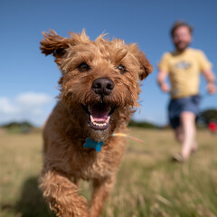 Brown curly haired dog running towards the camera with its tongue out, while owner plays fetch in the background