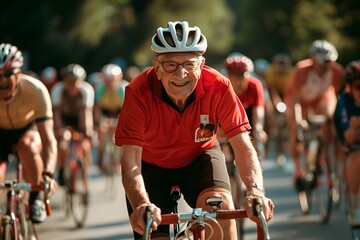An older gentleman joins a group of cyclists for a weekend bicycle ride - 19.3MP - created by AI