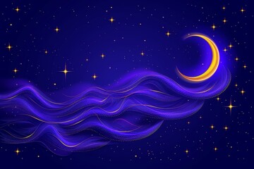 Obraz premium Whimsical night sky with a crescent moon and swirling purple clouds evoking a sense of wonder and fantasy