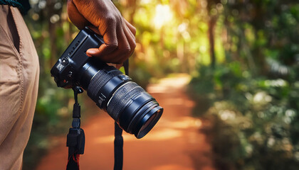 DETALHE DAS M&Atilde;OS DE UM FOTOGR&Aacute;FO SEGURANDO UM C&Acirc;MERA FOTOGR&Aacute;FICA PROFISSIONAL 