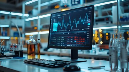  modern laboratory setup with a computer screen displaying data analytics, surrounded by test tubes and scientific equipment. The vibrant lighting enhances the high-tech atmosphere