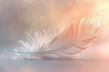 A delicate white feather resting on a soft, pastel-colored background, evoking a sense of lightness and tranquility. Ideal for use in wellness designs, calming visuals, or inspirational content.