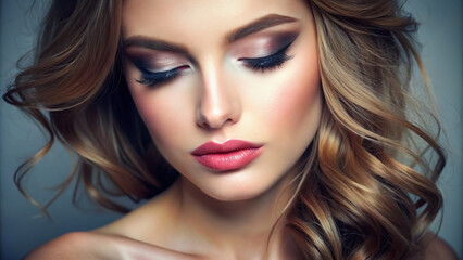 Fototapeta premium A woman with a light brown hair and blue eyes is wearing makeup. She has a light pink lip color and her eyes are closed
