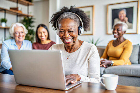 Happy middle aged mature african american woman laughing on video call with colleagues. Smiling senior black woman working remotely on laptop with headphones. Elderly ethnic lady using Chat GPT AI