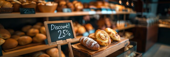 Freshly baked goods on sale at a cozy bakery, discount sign in focus. 25 percent off sale.