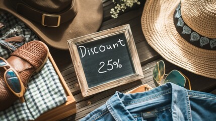 Chalkboard with discount 25 percent announcement surrounded by stylish clothing and accessories.