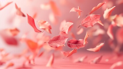 Pink autumn leaves flying in the air, abstract fall background.