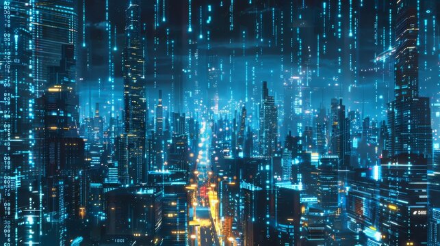 A digital rain falls over a futuristic cityscape with glowing skyscrapers and neon lights.