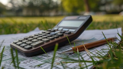 Close-up image of a calculator and a pen resting on top of various financial documents outdoors on a grassy field suggesting a blend of business analysis and nature