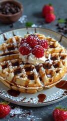 Delicious homemade waffles drizzled with chocolate syrup and topped with fresh raspberries and whipped cream, served with a dusting of powdered sugar